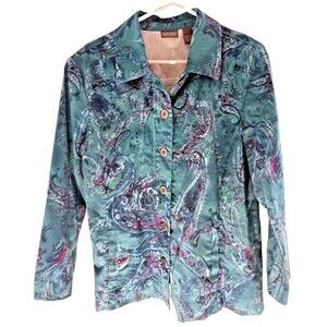 Additions by Chico's Long Sleeve Blue Button Up Jacket Size 3 Paisley Retro